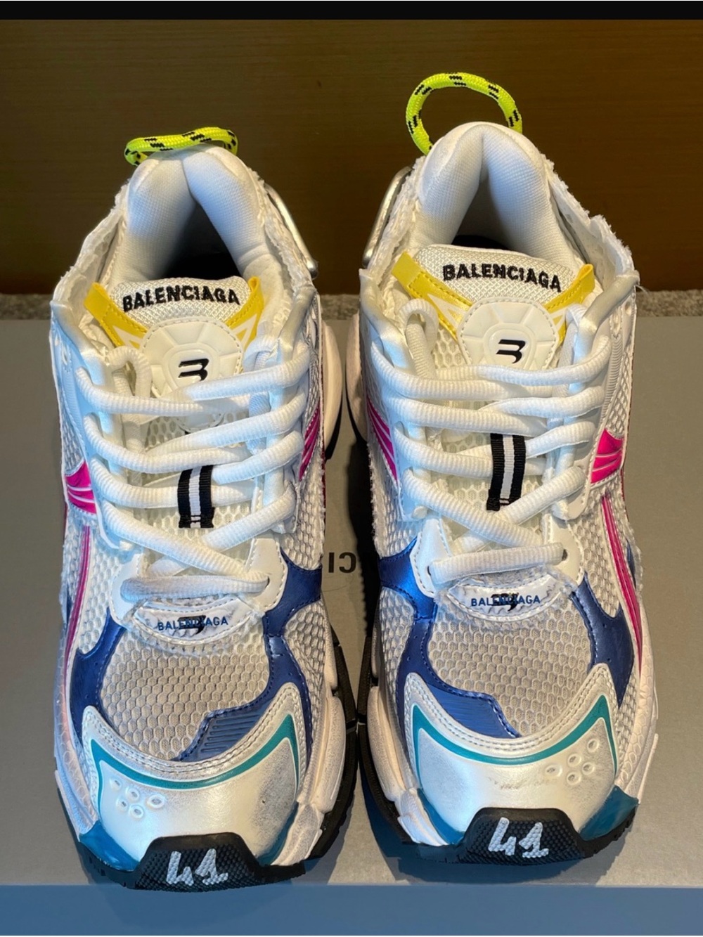 Balenciaga Kids White Sneakers with Blue, Pink & Yellow Accents